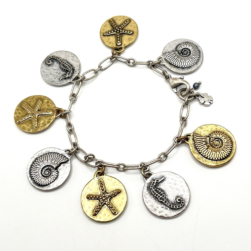 LUCKY BRAND Seahorse Starfish Nautilus Dangle Charm Chain‎ Bracelet 6.5" Summer
